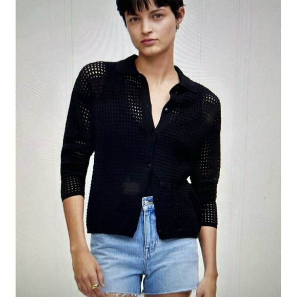 Madewell Open Stitch Polo Cardigan Sweater in Black Size S - Picture 3 of 8